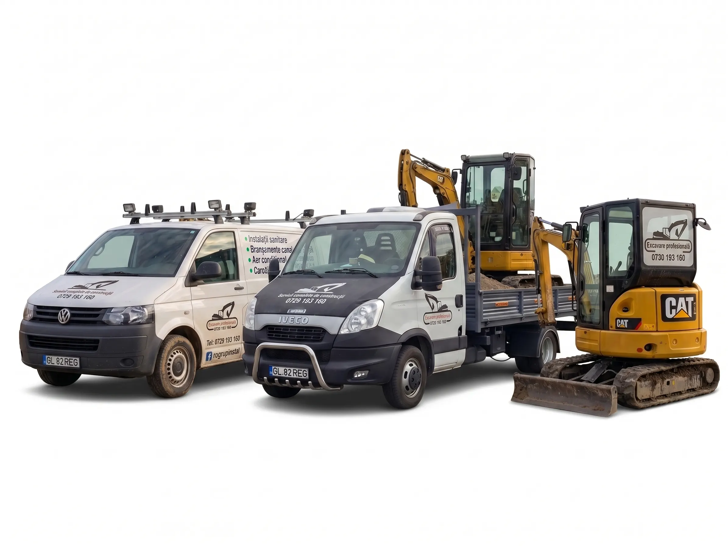 Flota proprie REG Excavații Profesionale: autoutilitară, autocamion și excavatoare.