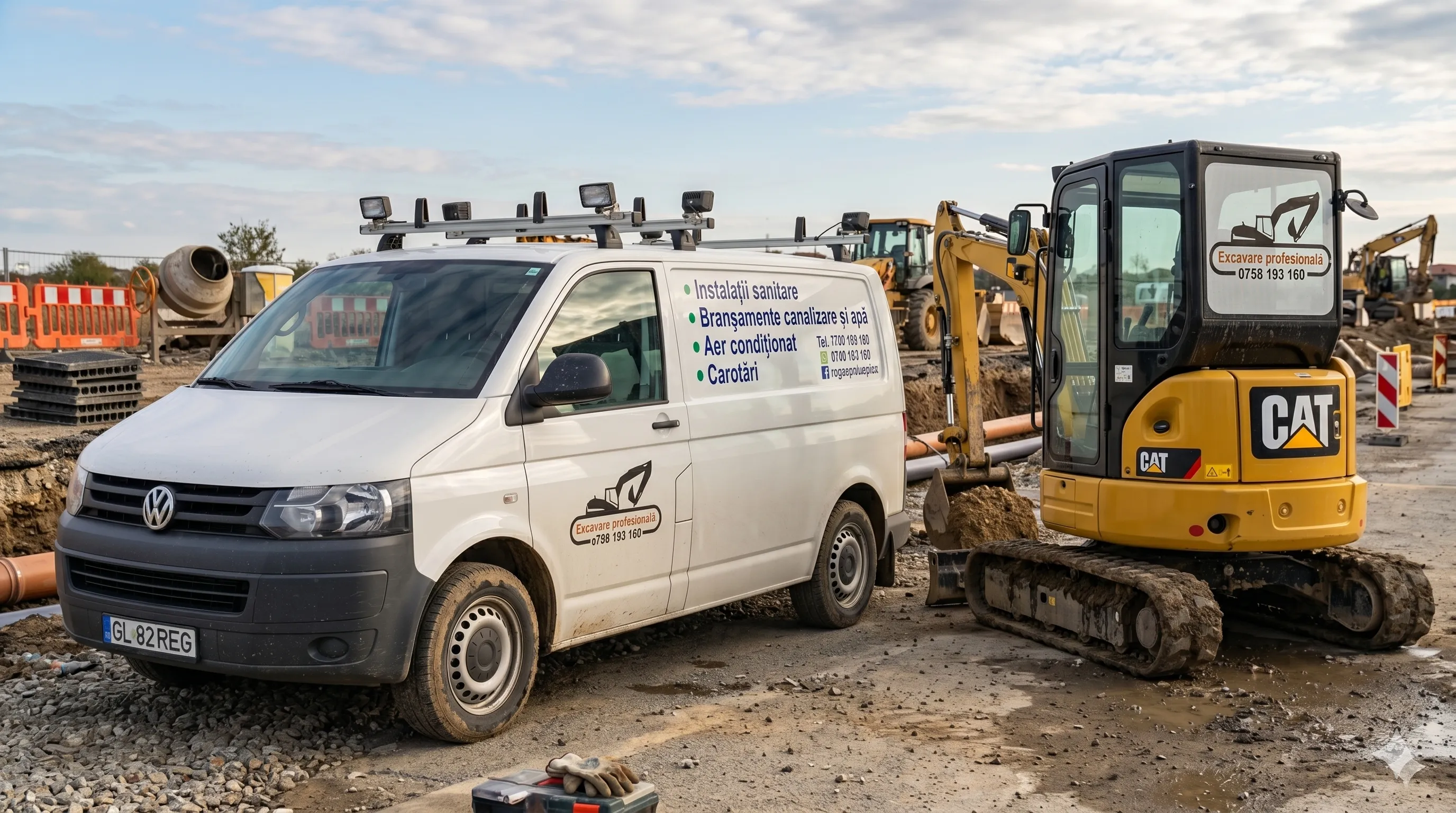 Autoutilitara și miniexcavatorul REG la un șantier, cu utilajele proprii pregătite de lucru.